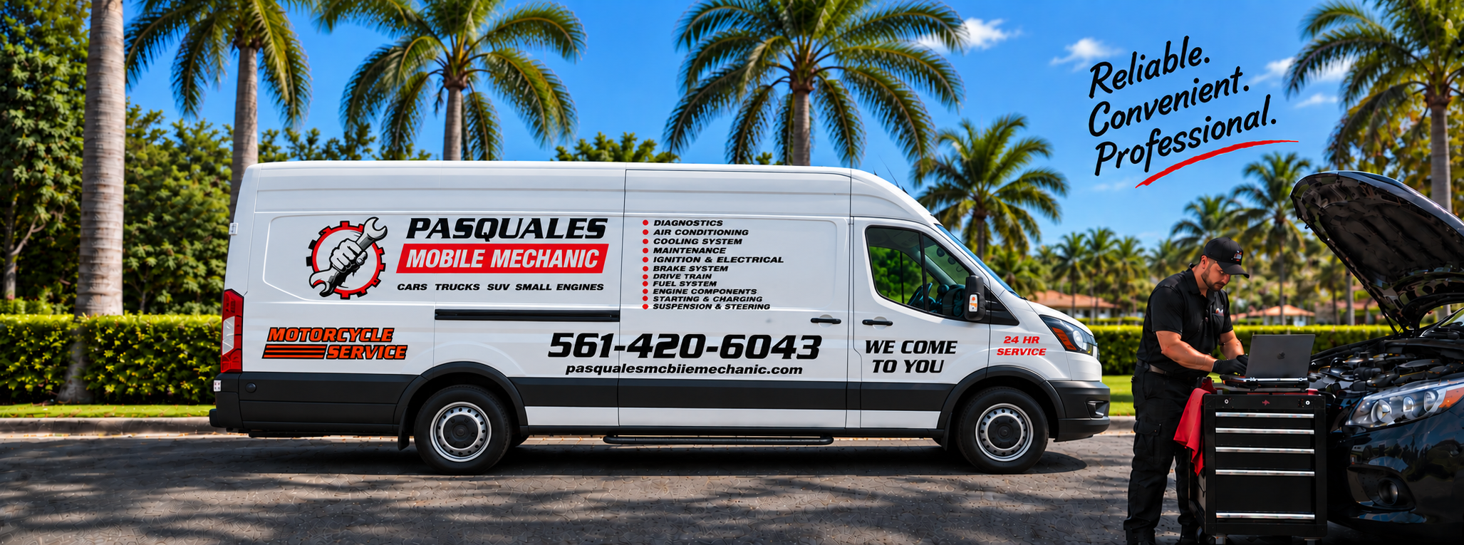 Pasquales Mobile Mechanic service van and mechanic in a Florida setting